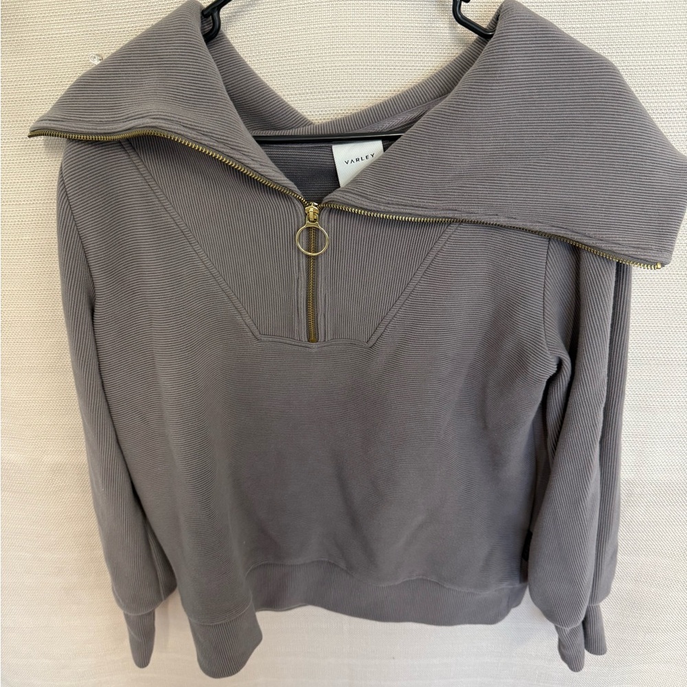 Varley Gray Wide Collar Zip-Up Sweater